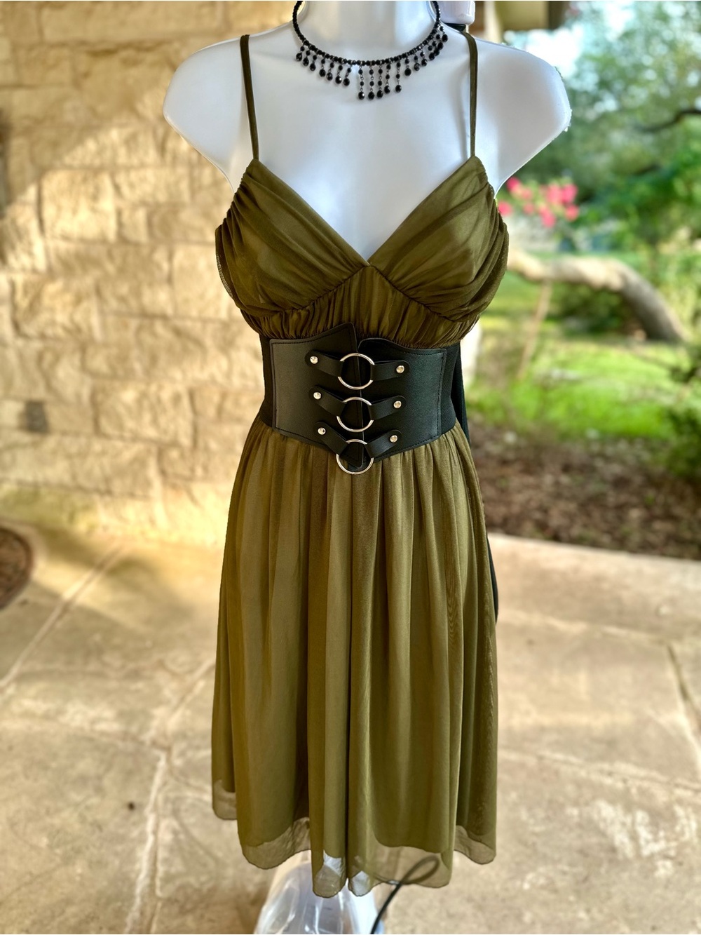 Vintage Necessary Objects Olive Green Midi Dress with Smocked Waist